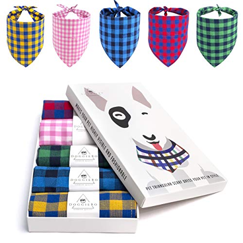 Product Cover Dog Bandana Set with Plaid Printing - 5 Pack Dog Scarf with Unique Print, Washable and Adjustable Dog Bandanas for Small Medium or Large Dogs Cats, Cute Triangle Dog Kerchief Accessory for Dogs Cats