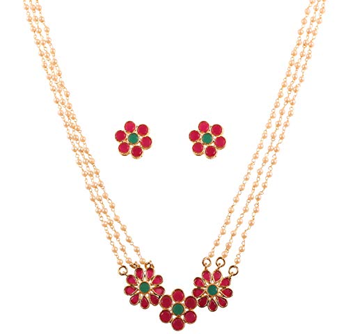 Product Cover Touchstone New Indian Bollywood Desire Inspired by Indian Studded Technique Floral Motif Faux Ruby Emerald Intertwined Faux Pearls Designer Jewelry Pendant Set in Antique Gold Tone for Women