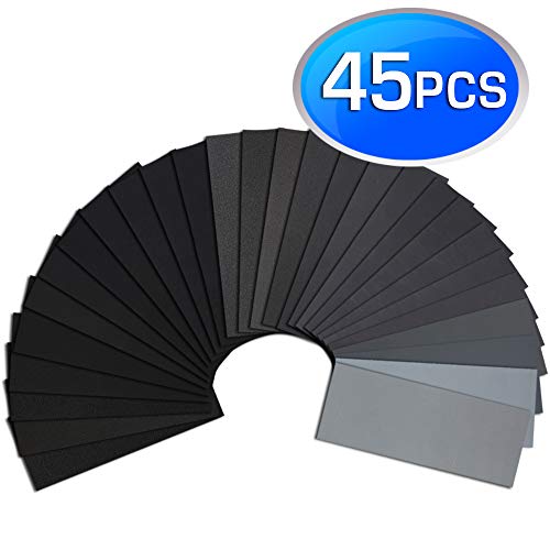 Product Cover Sandpaper, Premium Wet Dry Waterproof Sand Paper, 45PCS 120 to 5000 Assorted Grit Sanding Paper for Wood Furniture Finishing, Metal Sanding and Automotive Polishing, 9 x 3.6 Inches.