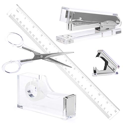 Product Cover Silver Acrylic Lucite Bundle | Premium Stapler, Tape Dispenser, Scissors, Staple Remover, Ruler Gift Set | Clear Stationery & Desk Accessories | Modern, High End, Chic, Luxury Office Goods