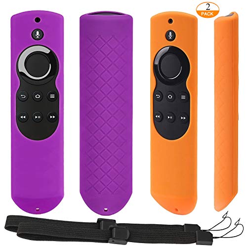 Product Cover [2 Pack] Anti-Slip and Dust-Proof Silicone Remote Cover with Lanyard for Fire TV with 4K Alexa Voice Remote (2017 Edition) (2nd Gen) / Fire TV Stick Alexa Voice Remote (Purple + Orange)