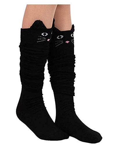 Product Cover Womens Knee High Socks, womens socks, PXH  Ladies Cat Catoon Cute Novelty Long Socks Over Knee High Sock. Black 58cm/22.83