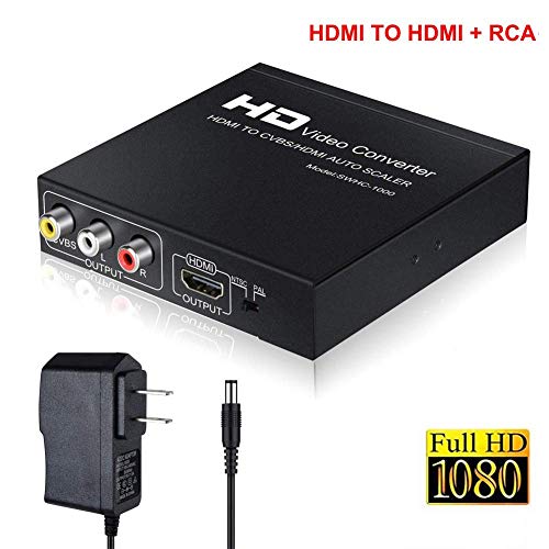 Product Cover AOKEN HDMI to RCA and HDMI Adapter Converter, HDMI to HDMI+3RCA CVBS AV Composite Video Audio Adapter/Splitter, with Power Adapter Support 1080P, PAL, NTSC, for HD TV, Older TV,Camera, Monitor, etc