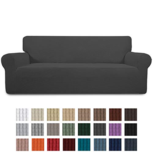 Product Cover Easy-Going Stretch Sofa Slipcover 1-Piece Couch Sofa Cover Furniture Protector Soft with Elastic Bottom for Kids, Spandex Jacquard Fabric Small Checks(Sofa,Dark Gray)