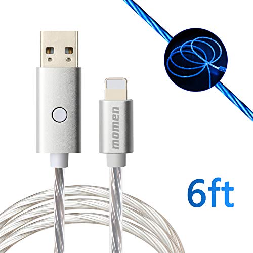 Product Cover momen iPhone Charging Cord, Fast Charge iPhone Cable 6ft Compatible iPhone 11/X/8/8 Plus/7 Plus/7/6s Plus/6s/6 Plus/6/5s/5c/5, Visible Flowing LED Charging Cable with Switch Button (Blue Light)