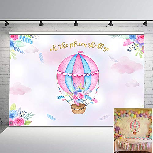Product Cover Mehofoto Hot Air Balloon Backdrop Adventure Baby Shower Photo Background for Girls' Birthday Party 7x5ft Hot Air Balloon Baby Shower Backdrops for Photoshoot Props