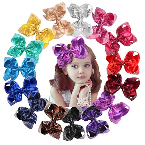 Product Cover 15Pcs Bling 6 Inch Hair Bows Large Big Sparkly Glitter Sequin Bows Alligator Hair Clips for Baby Girls Toddlers Kids Children Teens