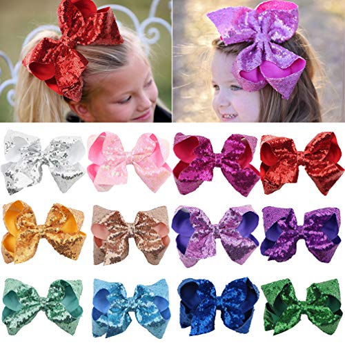 Product Cover Sequin Bow Baby Girls 8in Large Glitter Party Favors 12pcs Sparkling Big Hair Bows Alligator Hair Clips for Girls Baby Toddlers Children