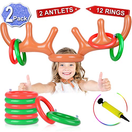 Product Cover 2 Set Inflatable Reindeer Antler Game, (2 Inflatable Antler, 12 Rings Reindeer Ring Toss) Inflatable Reindeer Antler Hat with Rings, Family Christmas Party Games