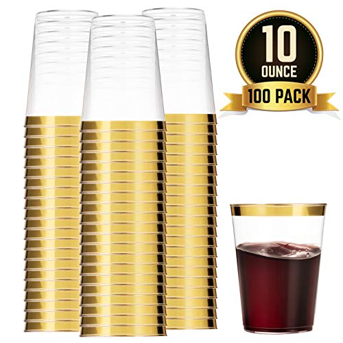 Product Cover 100 Gold Plastic Cups 10 Oz Clear Plastic Cups Tumblers Gold Rimmed Cups Fancy Disposable Wedding Cups Elegant Party Cups with Gold Rim