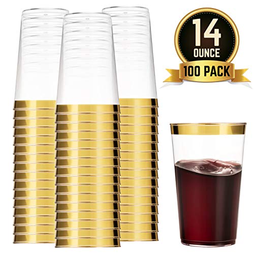 Product Cover 100 Gold Plastic Cups 14 Oz Clear Plastic Cups Tumblers Gold Rimmed Cups Fancy Disposable Wedding Cups Elegant Party Cups with Gold Rim