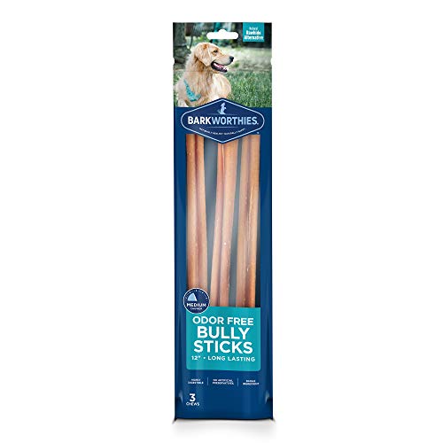 Product Cover Barkworthies Odor-Free 12-inch Bully Sticks (3 Pack) - Healthy Dog Chews - Protein-Packed, Highly Digestible, All-Natural Rawhide Alternative Dog Treats - Promotes Dental Health