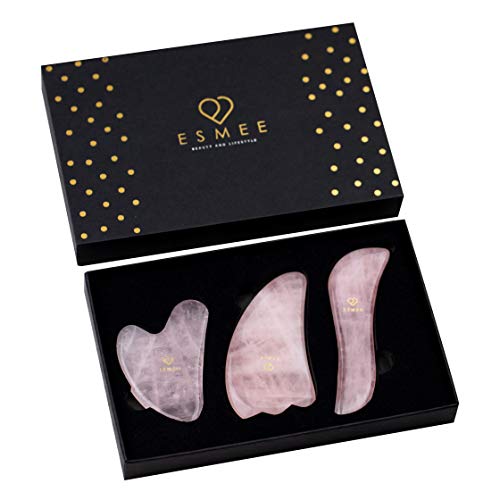 Product Cover Rose Quartz Gua Sha Facial Tool Set by Esmee 3 in 1 Premium Guasha Kit Real Rose Quartz Crystal Anti-aging Beauty Therapy for Massage and Skin Rejuvenation