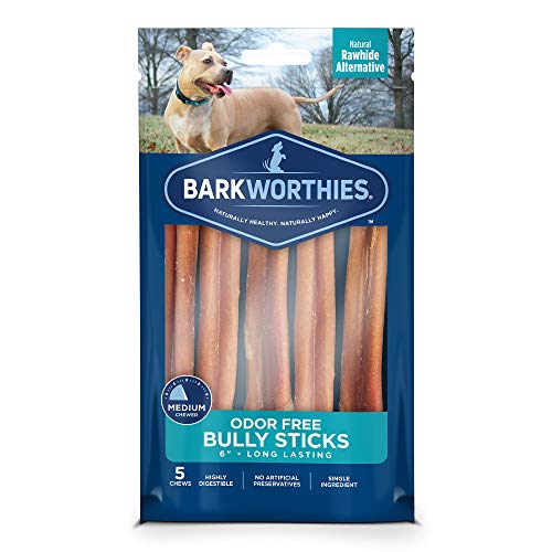 Product Cover Barkworthies Odor-Free 6-inch Bully Sticks (5 Pack) - Healthy Dog Chews - Protein-Packed, Highly Digestible, All-Natural Rawhide Alternative Dog Treats - Promotes Dental Health