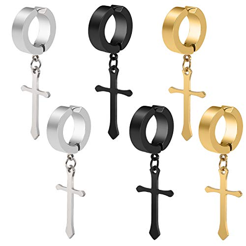 Product Cover JLJ Non-pierced Clip On Hoop Earrings Set Stainless Steel Cross Dangle Drop Earrings for Women and Men