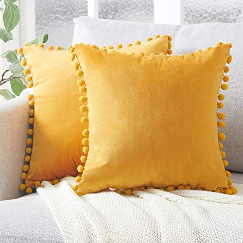 Product Cover Top Finel Decorative Pillow Covers Set with Pom-poms Soft Particles Velvet Solid Cushion Covers 24 X 24 for Couch Bedroom Car, Pack of 2, Mustard Yellow