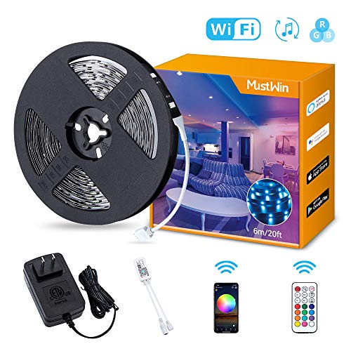 Product Cover MustWin RGB LED Strip Lights Kit, Dimmable WiFi Smart LED Strip Music Sync Lighting, 20ft 24V Super Bright Light Strip with 180 SMD5050 LEDs, ETL Listed, RF Remote, Works with Alexa and Google Home