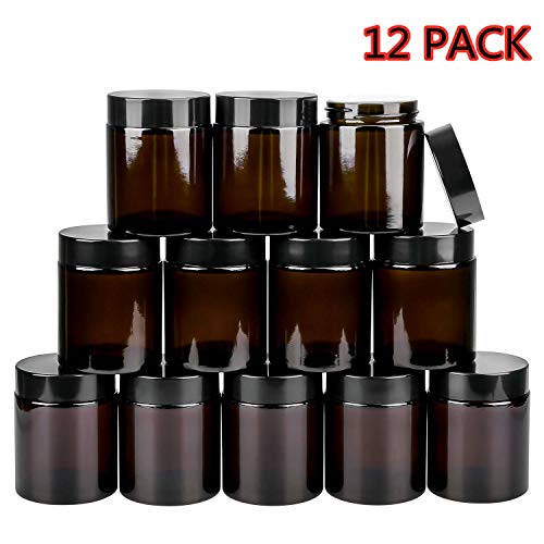 Product Cover Encheng 12Pack of 4 oz Amber Round Glass Jars, with Inner Liners and black Lids,Empty Cosmetic Containers,Cream jars ... ...