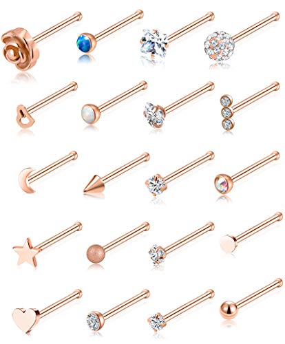 Product Cover Tornito 20G 20Pcs Nose Ring CZ Nose Stud Retainer Bone Labret Nose Piercing Jewelry Set Stainless Steel Rose Gold Tone