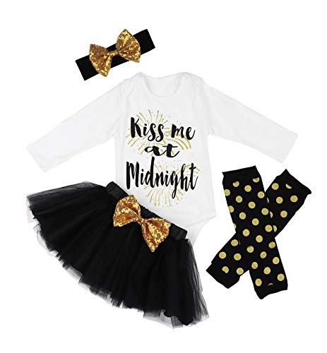 Product Cover DONWEN Baby Girl First New Year Tutu Dress Outfit My 1st New Year Romper + Leg Warmers + Headband+Tutu Dress 3-6 Months Black