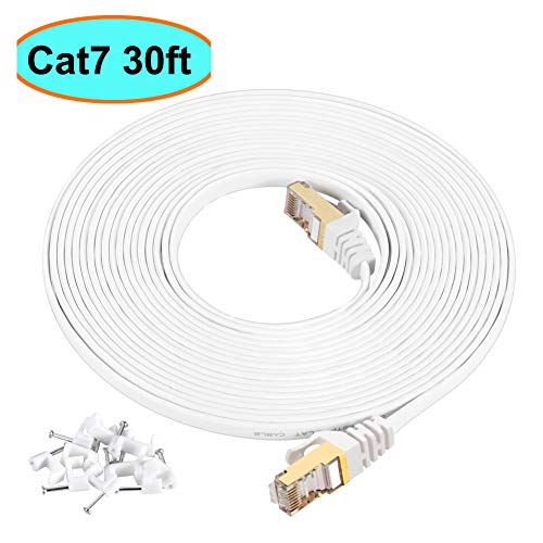 Product Cover Cat7 Ethernet Cable 30 ft White Shielded (STP), AULLOV High Speed Flat RJ45 Cat-7/Category 7 Internet LAN Computer Patch Cord Cable, Faster Than Cat5/Cat6-30 Feet White (9 Meters)