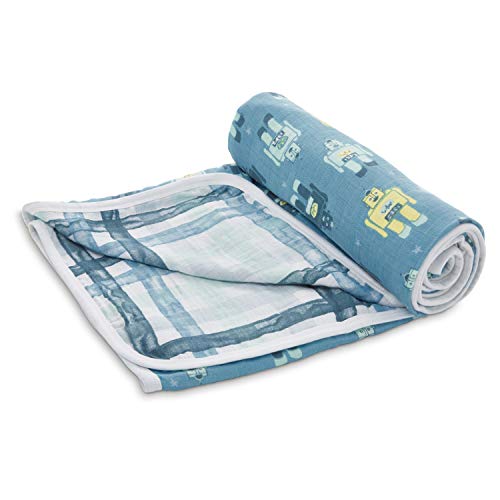 Product Cover Aden by aden + anais Stroller Blanket, 100% Cotton Muslin, 2 Layer Lightweight and Breathable, 27.5 x 27.5 inch, Retro - Robots/Plaid