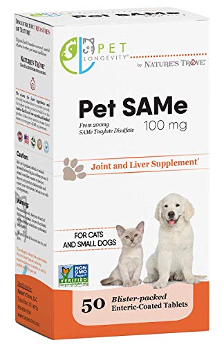 Product Cover Pet Longevity Same 100 mg Pet Supplements - Liver and Joint Support for Cats, Small Dogs with Elevated Enzymes - S Adenosyl Methionine - 50 Gluten Free Enteric Coated Tablets - Non GMO Certified