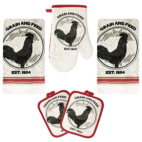 Product Cover Rooster Kitchen Decor Linen Set Includes 2-Towels 2-Pot Holders 1-Oven Mitt | Grain and Feed Rooster Theme Kitchen Towel Set For Cooking, Baking, Housewarming & Kitchen Decoration (Set of 5 Piece)