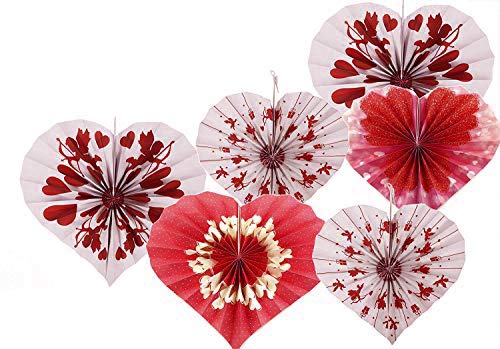 Product Cover Adorox Set of 12 Romantic Valentines Day Heart Shaped Vibrant Bright Colors Hanging Paper Fans Rosettes Party Decoration for Holidays Fiesta (2 Pack)