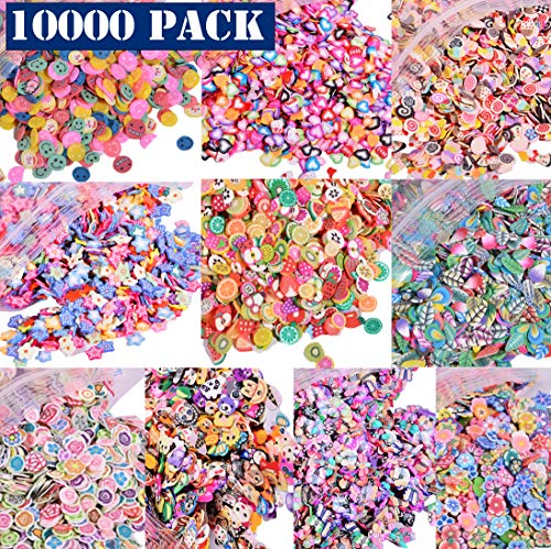 Product Cover 10000 PCS 3D Polymer Fimo Slices DIY Nail Art Slime Supplies Charms Slime Making Kit Decoration Arts Crafts(Fruit,Smiling face,Loving Heart,Plum Blossom,Pentagram,Cake,Cartoon,Animal,Feather)