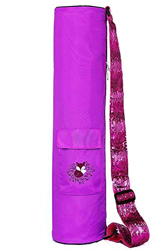 Product Cover Fox Hill Fitness Yoga Mat Bag for Kids and Women, Full Zip Sling Carrier with Pockets | Adjustable Sequin Strap (Pink)