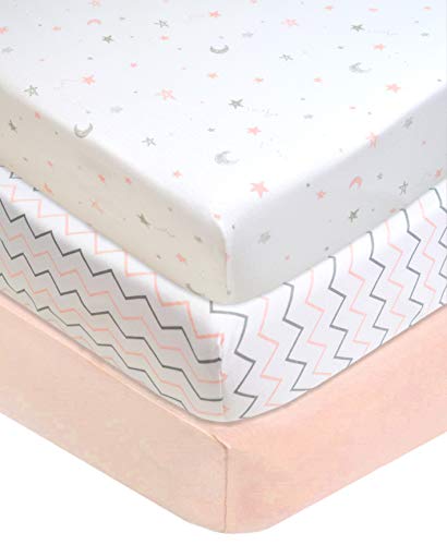Product Cover American Baby Company 3 Piece 100% Cotton Jersey Knit Fitted Crib Sheet for Standard Crib and Toddler Mattresses, Blush Pink Star/Zigzag, for Girls