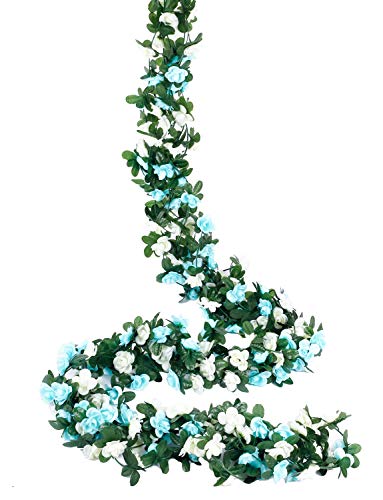 Product Cover Miracliy 5 Pack 41 FT Fake Rose Vine Flowers Plants Artificial Flower Hanging Rose Ivy Home Hotel Office Wedding Party Garden Craft Art Décor (Blue & White)