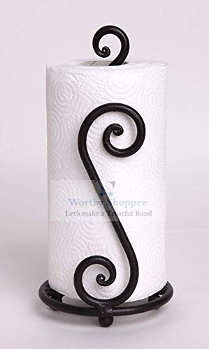 Product Cover Worthy Shoppee Paper Towel Holder, Decorative and Wrought Iron Holder, One-Handed Tearing, Non-Slip Stability (Dark Black)