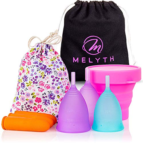 Product Cover Melyth Reusable Menstrual Cups 3X - (2X Large & 1x Small) - with Latex Finger Protection Sleeves, Sterilizing Cup and Carry Bag - Sanitary Cup Alternative to Tampons and Sanitary Towels