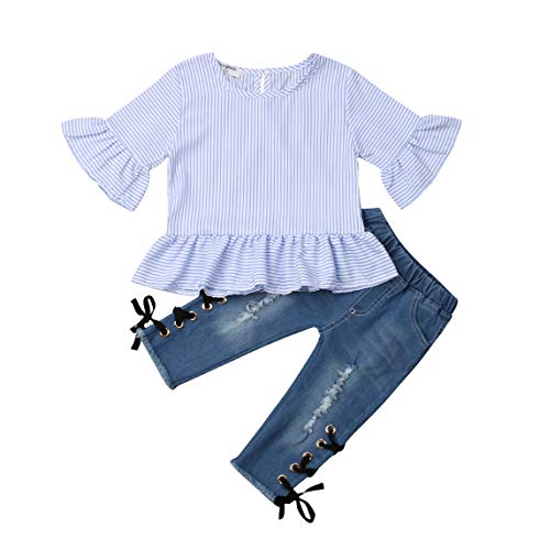 Product Cover Two Piece Baby Girl Outfit Flare Sleeve Striped T Shirts Tops and Destressed Ripped Jeans Tie Up Pants Clothes