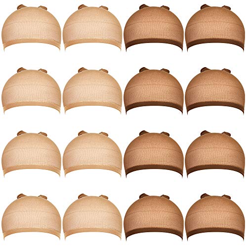Product Cover 16 Pack Nylon Wig Caps, Teenitor 8 Pack Brown Skin Tone Stocking Caps & 8 Pack Light Brown Caps for Wigs Women
