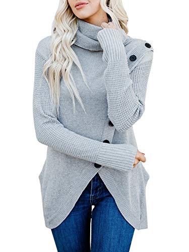 Product Cover Imily Bela Womens Turtleneck Winter Pullover Sweaters Knit Cute Button Up Asymmetric Wrap Blouses Tops
