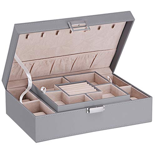 Product Cover BEWISHOME Jewelry Box Organizer with 4 Watch Case Removable Tray Jewelry Display Storage Case - 7 Necklace Hook - Velvet Lining - Earring Ring Bracelet Case for Women Girls - PU Leather Grey SSH07H