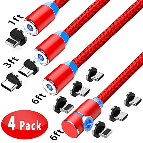 Product Cover Crozziz Magnetic Charging Cable(4 Pack,1ft/3ft/6ft/6ft)3 in 1 Cable,Compatible with Mirco USB, Type C Smartphone and iProduct Device(Red)