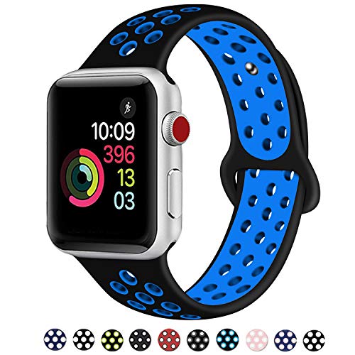 Product Cover DOBSTFY Bands 38mm 40mm 42mm 44mm,Soft Silicone Sport Band Replacement Wristband Compatible for iWatch Series 1/2/3/4/5, Ni ke+, Sport, Edition, 42mm 44mm S/M, Black/Blue