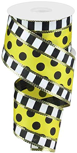 Product Cover Polka Dots with Stripes Wired Edge Ribbon - 10 Yards (Yellow, Black, White, 2.5