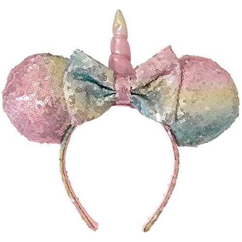 Product Cover Minnie Mouse Girls Sequins Bow and Ear Headband - Rainbow Sequin Bow with Unicorn Horn and Ear