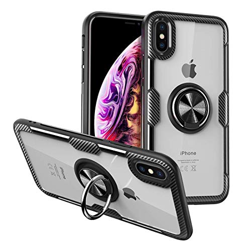Product Cover CHEEDAY Compatible iPhone Xs iPhone X Case Clear Hard Back Cover Slim Rubber Bumper Hybrid Case [Air Cushion Protection] with 360° Rotating Ring Holder Kickstand for iPhone X/iPhone Xs (2018) -Black