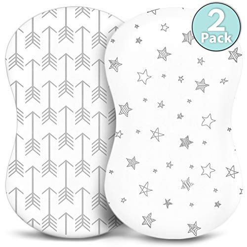 Product Cover Bassinet Sheets - Fitted, Premium Jersey Cotton - Baby Bedside Sleeper Cover - Universal Sheet Set for Rectangle, Oval, or Hourglass Bassinet Mattress - White 2 Pack for a Girl or Boy - Arrow Stars