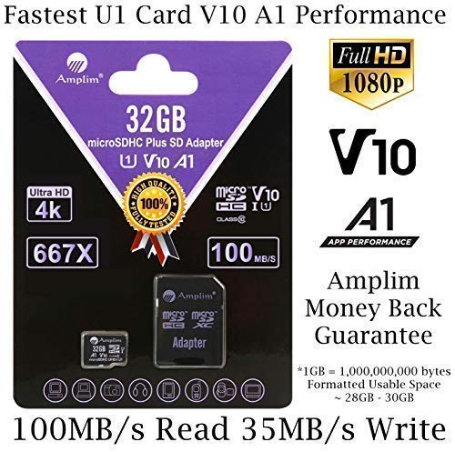 Product Cover TF Memory Card 32GB Micro SD SDHC Card Plus Adapter, Amplim 32 GB MicroSDHC Ultra High Speed 667X 100MB/s UHS-1 for Cell Phone, Tablet, Camera, 3DS, Fire MicroSD HC Flash (V10 A1 Class 10 U1 UHS-I)