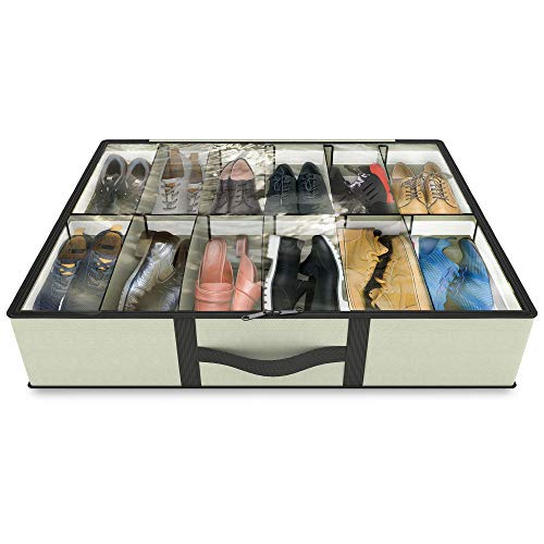 Product Cover Under bed Shoe Storage Organizer - UPGRADED DESIGN - Adjustable Dividers - Customizable Cells up to 12 Pairs - Perfect Container for Underbed or Closets - Great Substitute for Shoe Rack and Boot Racks