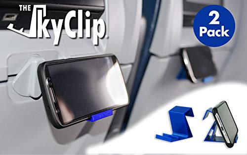 Product Cover The SkyClip - (Blue, 2 Pack) Airplane Cell Phone Seat Back Tray Table Clip and Sturdy Phone Stand, Compatible with iPhone, Android, Tablets, and Readers