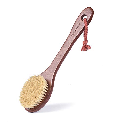 Product Cover Tradition Craft Dry Skin Body Brush with Long handle 15inch for Bath, Shower-Natural Plant Bristle, Beech Wood-Remove Dead Skin, Body Scrubber
