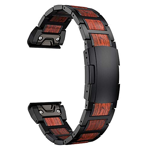 Product Cover LDFAS Fenix 6X/5X Plus Band, Red Sandalwood Stainless Steel Metal 26mm Quick Release Easy Fit Watch Strap with Double Button Clasp Compatible for Garmin Fenix 6X/6X Pro/5X/5X Plus Smartwatch, Black